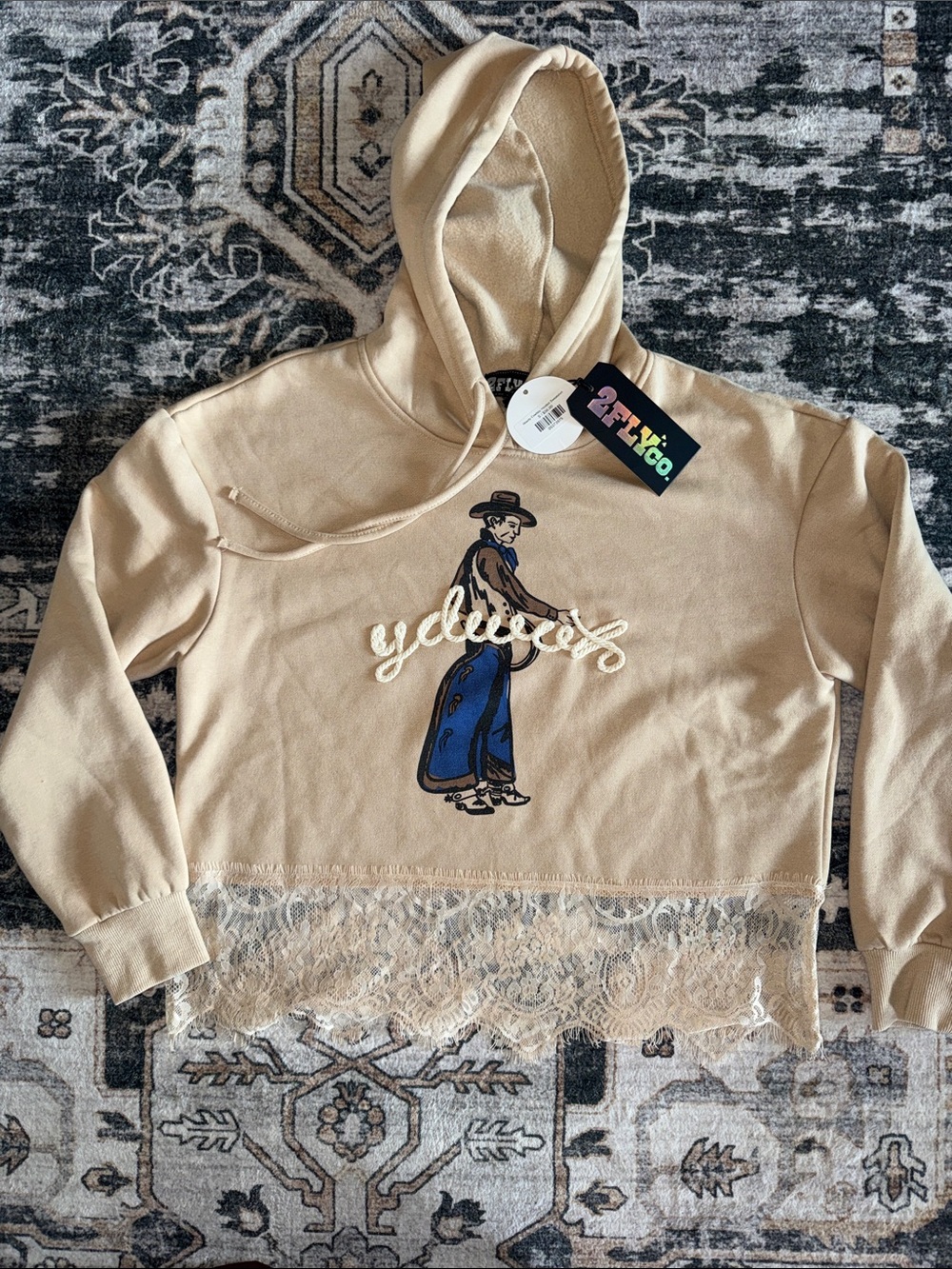 HOWDY (backwards) Lace-Hem Hoodie Sweater. Super soft. Brand new!!